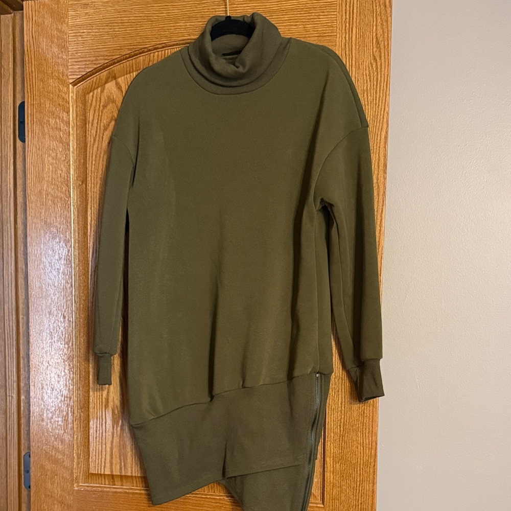 Olive Green Asymmetrical Turtleneck Sweatshirt dress with side zipper!